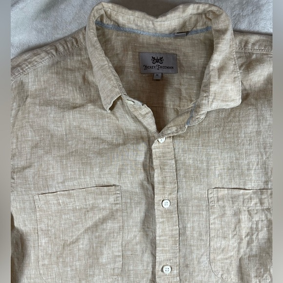 Hickey Freeman 100% Linen XL Light Tan Summer Spring Beach Vacation Shirt Zegna - Picture 6 of 12